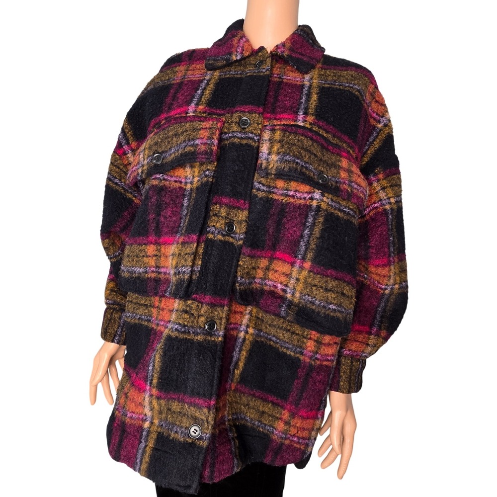 ZARA Plaid Shacket Oversized Jacket Women Pink Black Orange Wool Blend Size XS S